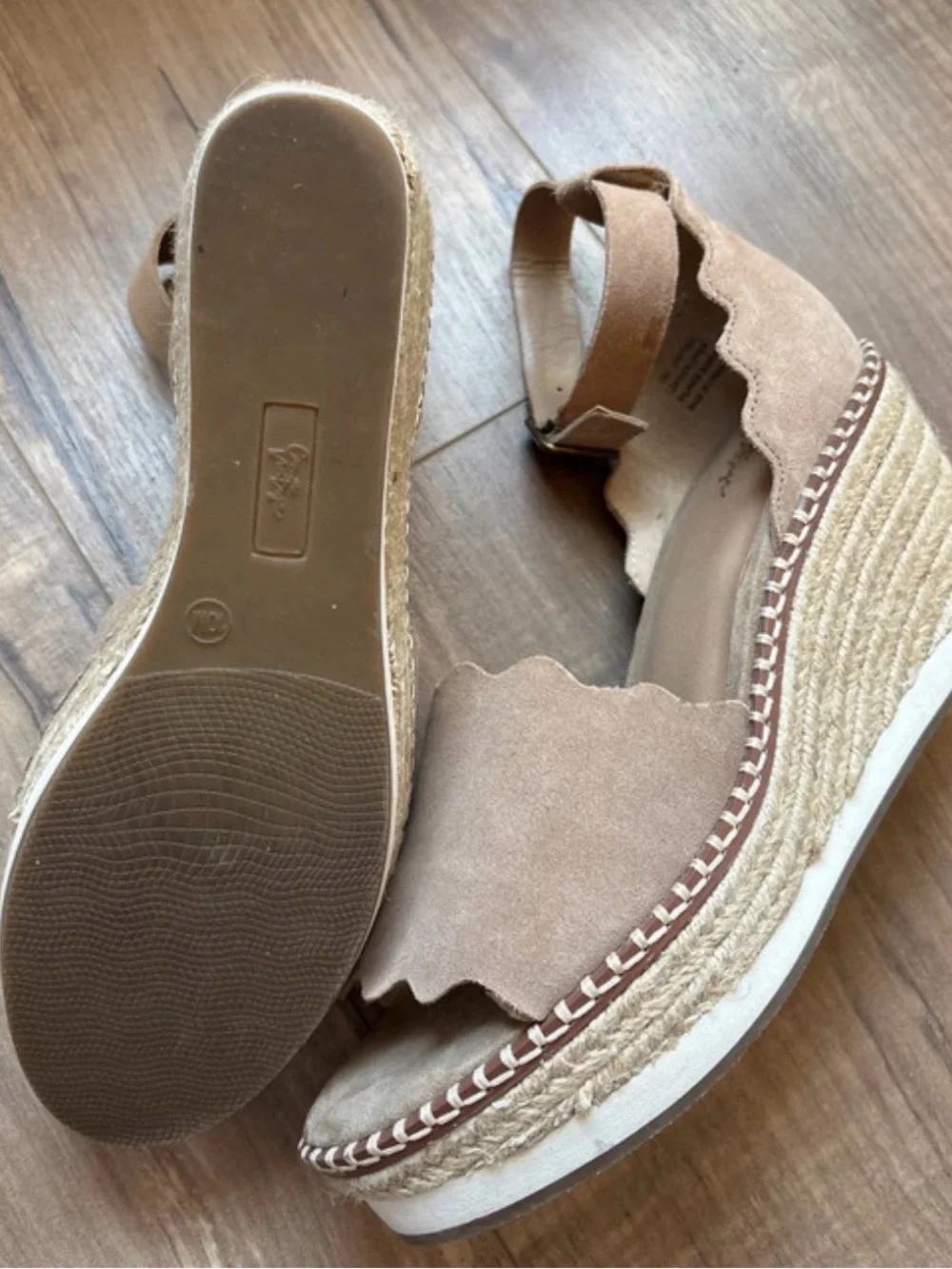 Crown Vintage Tan Scalloped Suede Wedge Sandals